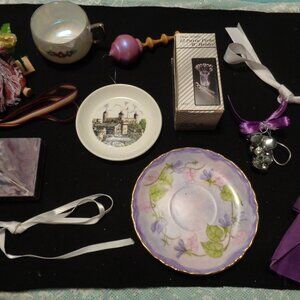 OLD MONEY JUNK DRAWER VINTAGE PORCELAIN POTTERY DOLL ORNAMENT RIBBON ETC…